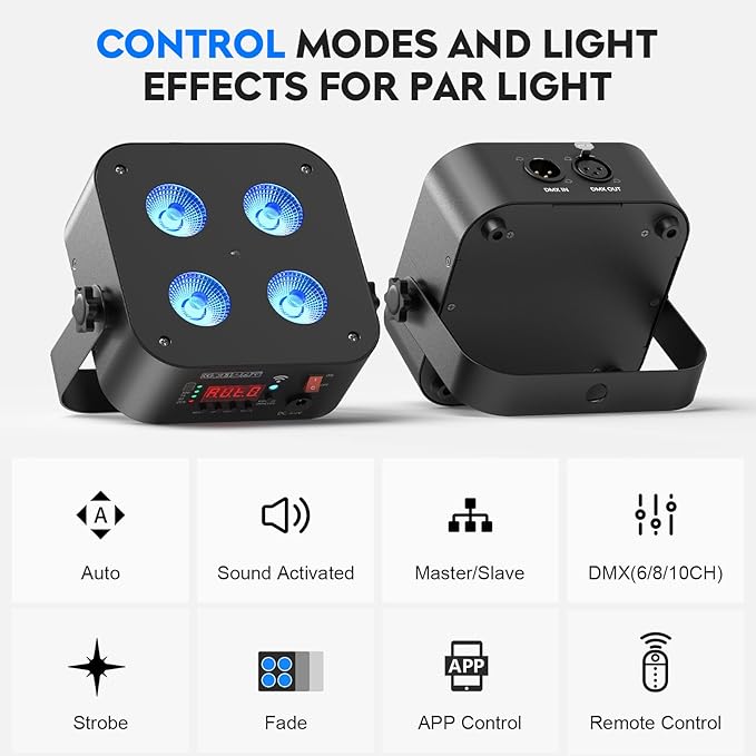 Mini Rechargeable Par Lights with Charging Case, 4 * 18W RGBWA UV 6 in 1 Battery Powered Upights, APP & Wireless DMX Control Stage Lights, Uplighting for Festival Party Wedding