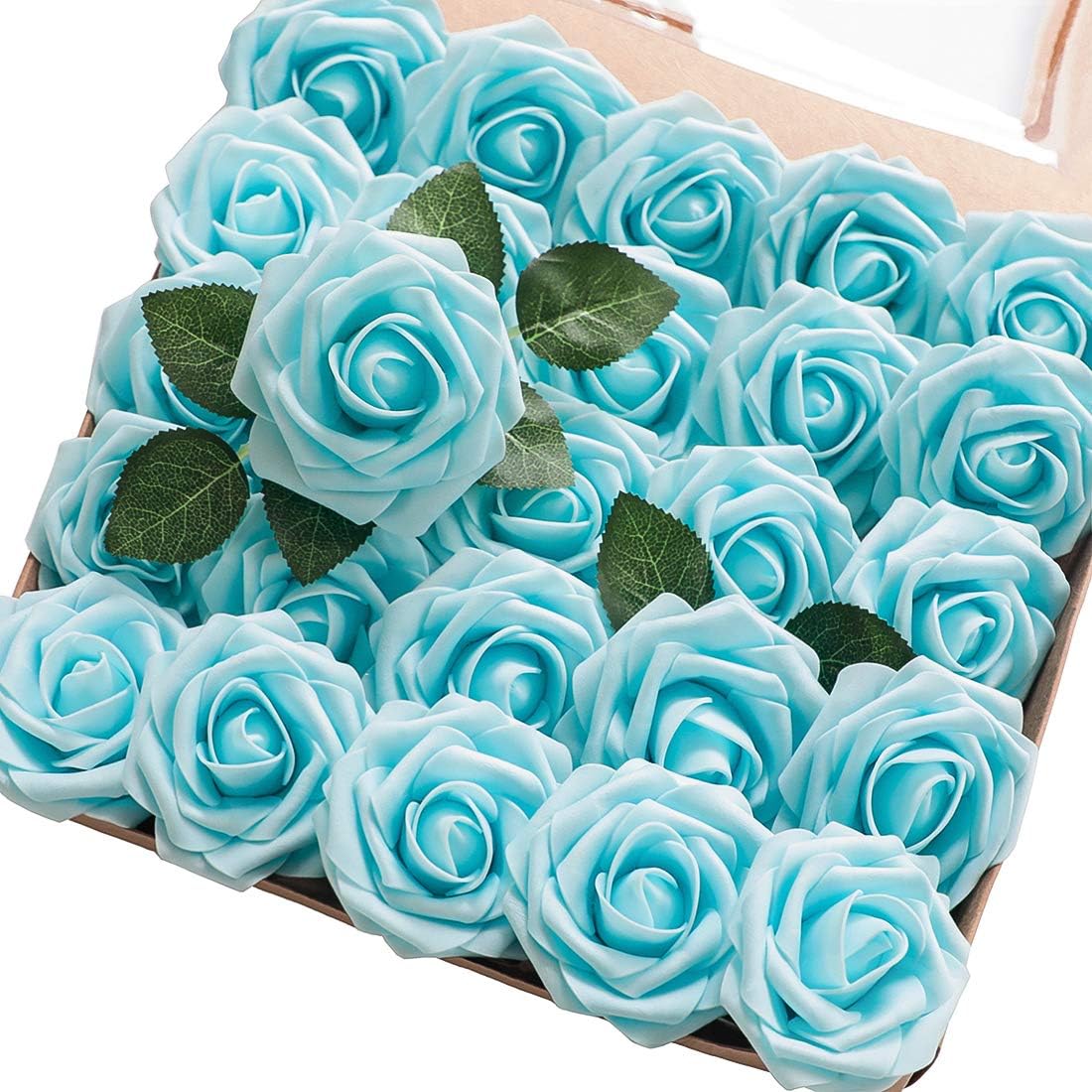 Floroom Artificial Flowers 25pcs Real Looking Aqua Blue Foam Fake Roses with Stems for DIY Wedding Bouquets Baby Shower Centerpieces Floral Arrangements Party Tables Home Decorations