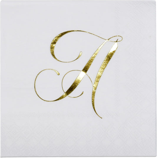 Gift Boutique 100 Gold Letter A Monogram Cocktail Napkins Disposable Paper Pack Elegant Metallic Golden Foil Hand Napkin for Powder Room Wedding Holiday Birthday Party Baby Shower Decorative Towels