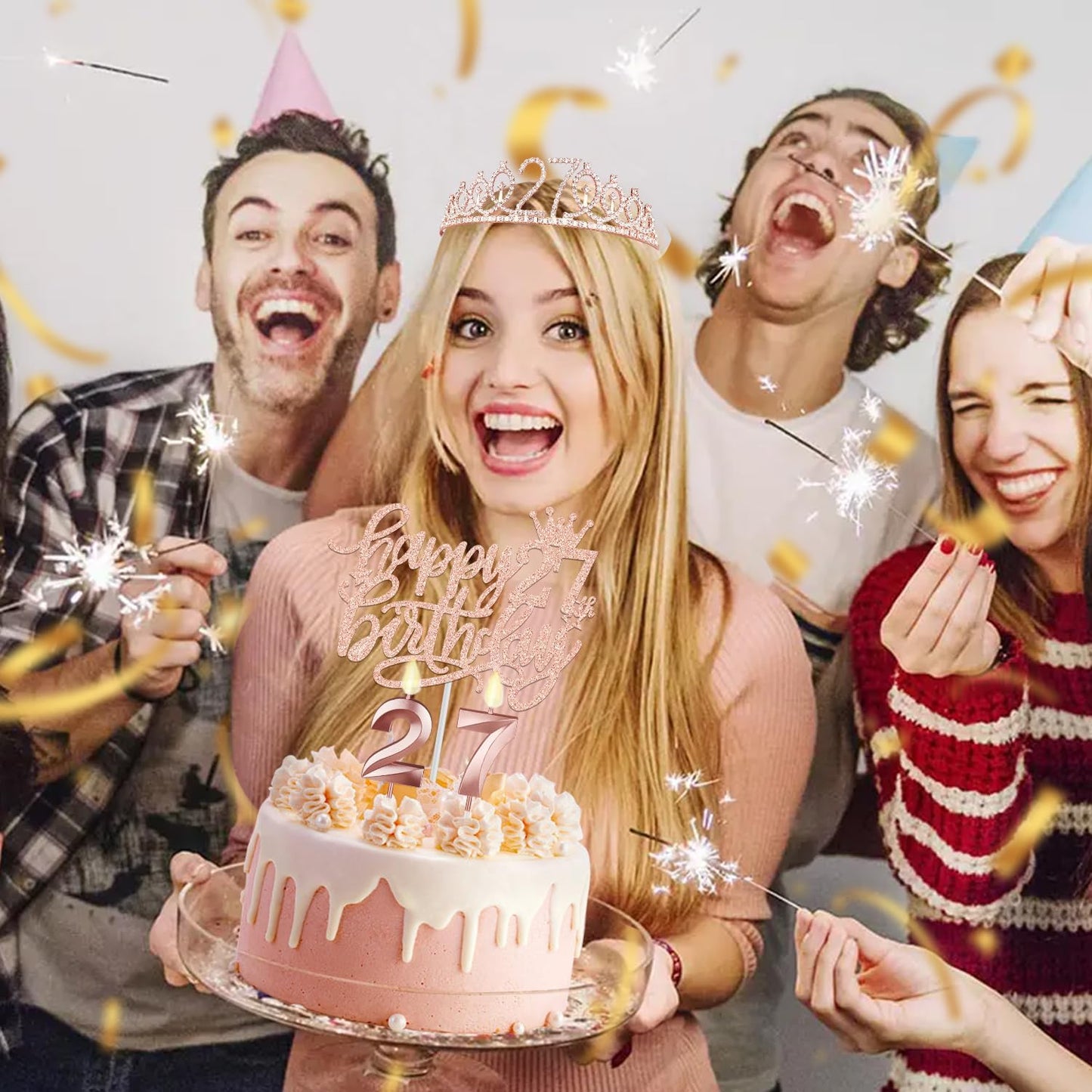 27th Birthday Decorations for Women Including Birthday Sash and Tiara, Candles and Cake Topper, Gifts for 27 Year Old Women, Party Decorations Favor Supplies