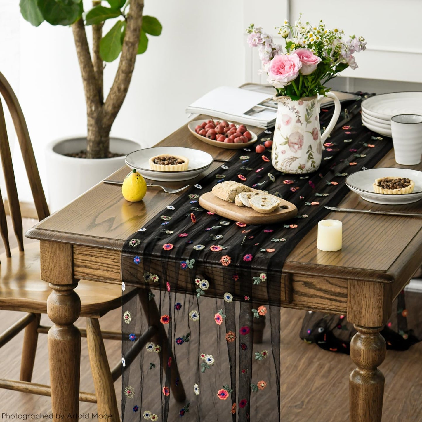 Artoid Mode Black Embroidery Daisy Gauze Table Runner 120 Inch 10FT, Seasonal Sheer Kitchen Dining Holiday Wedding Birthday Table Decor for Home Party