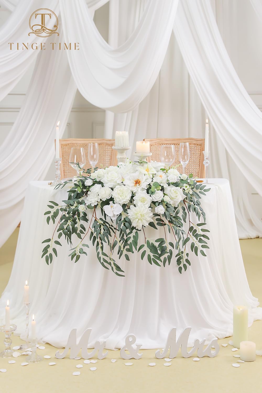 TINGE TIME Artificial Sweetheart Flower Swag with Table Cloth and Table Runner, Pack of 3 Floral Arrangement for Wedding Sweetheart Desktop Centerpiece Decoration Valentine's Day (IvoryWhite)