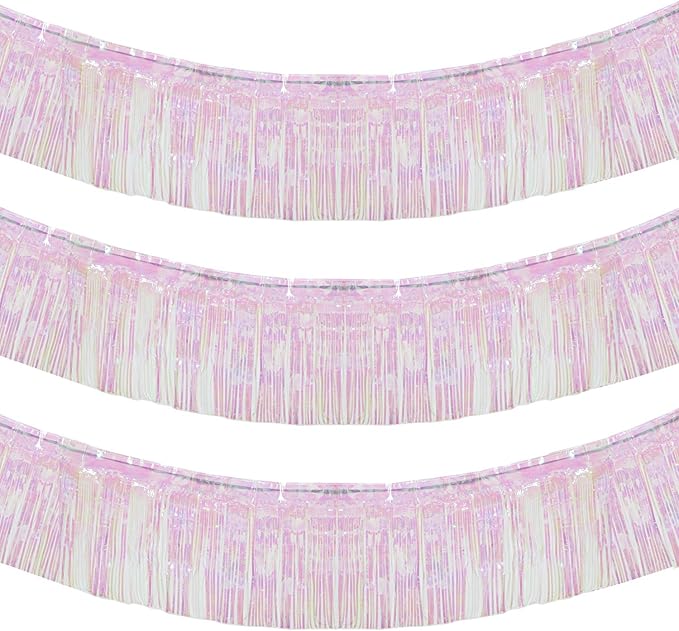 10 Feet by 15 Inch Iridescent White Foil Fringe Garland - Pack of 3 | Metallic Tinsel Banner | Ideal for Parade Floats, Bridal Shower, Wedding, Birthday, Christmas | Wall Hanging Drapes (3)