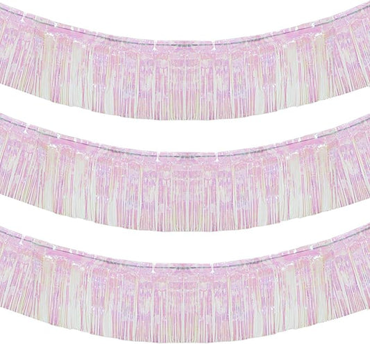 10 Feet by 15 Inch Iridescent White Foil Fringe Garland - Pack of 3 | Metallic Tinsel Banner | Ideal for Parade Floats, Bridal Shower, Wedding, Birthday, Christmas | Wall Hanging Drapes (3)