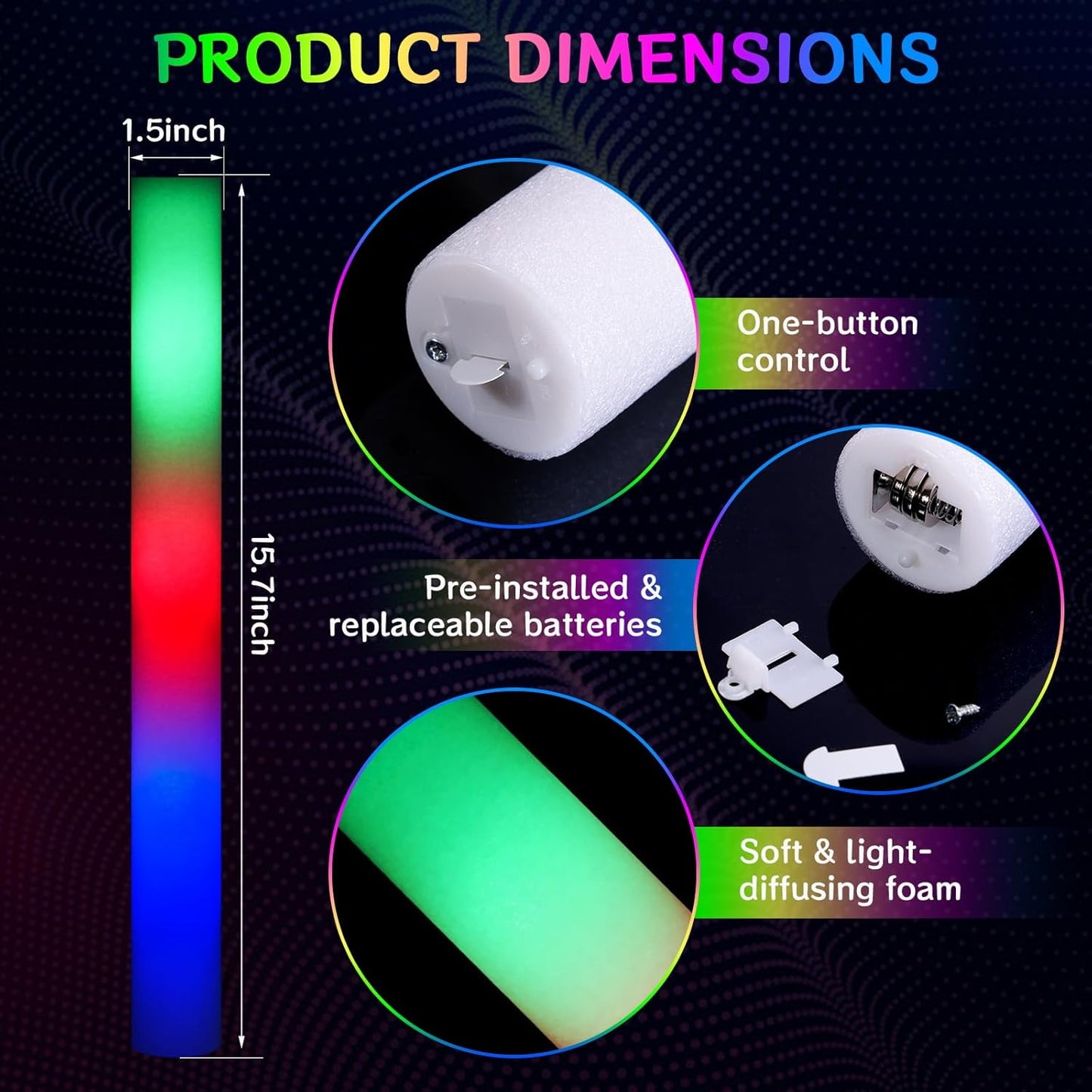 AOWDIAO 12 Pcs 16″ Foam LED Glow Sticks, 3 Light Up Modes, Party Favors for Wedding, Festival & More