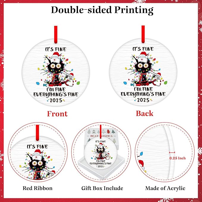 PETCEE Funny Cat Christmas Ornament 2025 - Everything's Fine Ornaments Hanging Decoration Black Cat Fire Ornaments for Christmas Tree Funny Commemorative Ornament