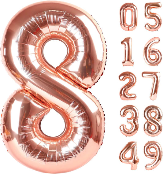 Rose Gold Foil Number 8 Balloon 40 Inch, Helium Mylar Eight Number 8 18 28 38 48 58 80 88 Birthday Balloons, 8th Rose Gold Women Men Wedding Anniversary, Graduations Party Supplies