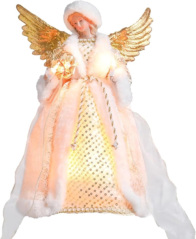 Angel Christmas Tree Topper with Lights, 12 Inch Lighted Angel Xmas Tree Toppers Decoration, Luxury White Fabric Angel Figurine Ornament for Christmas Tree Holiday Party Indoor Decor