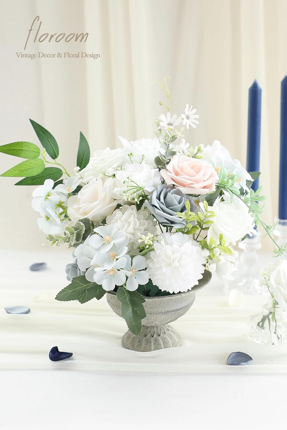 Floroom Powder Blue Ivory Artificial Flowers Fake Roses Dahlias and Greenery Combo Box Set for DIY Wedding Bouquets Bridal Shower Centerpieces Floral Arrangements Party Tables Home Decorations