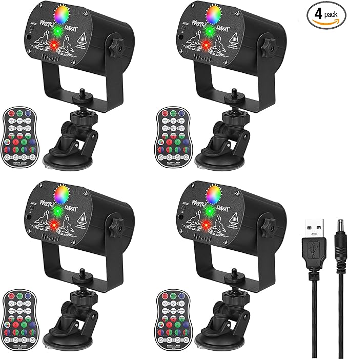 4-Pack DJ Laser Party Lights, RGB LED Disco Light, Sound Activated Projector Strobe Light with Remote Control for Christmas Halloween Decorations Karaoke Birthday Dance Wedding Stage Show