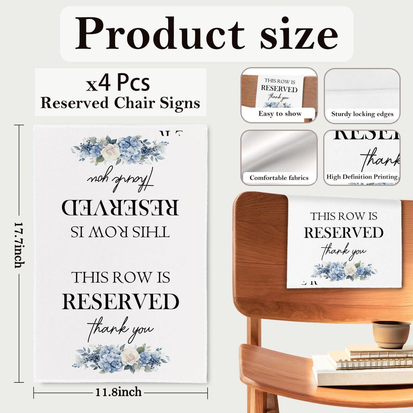 Reserved Seating Chair Signs, This Row Is Reserved Pew Cloths Seating Placeholder for Church Pews, Wedding Decorations for Reception Parties Celebrations Event Meetings (Blue Floral, 4 PCS)