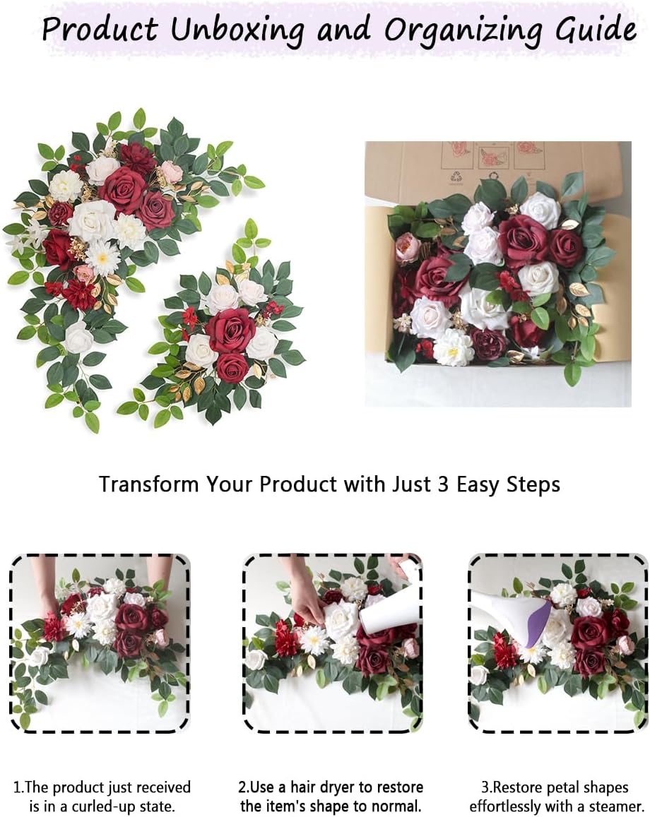 Pack of 2 Artificial Flowers for Backdrop Decoration, Wedding Arch Flowers,Reception Welcome Sign, Eucalyptus Garland, Suited to Aisle Decor and Wedding Arches (Red White)