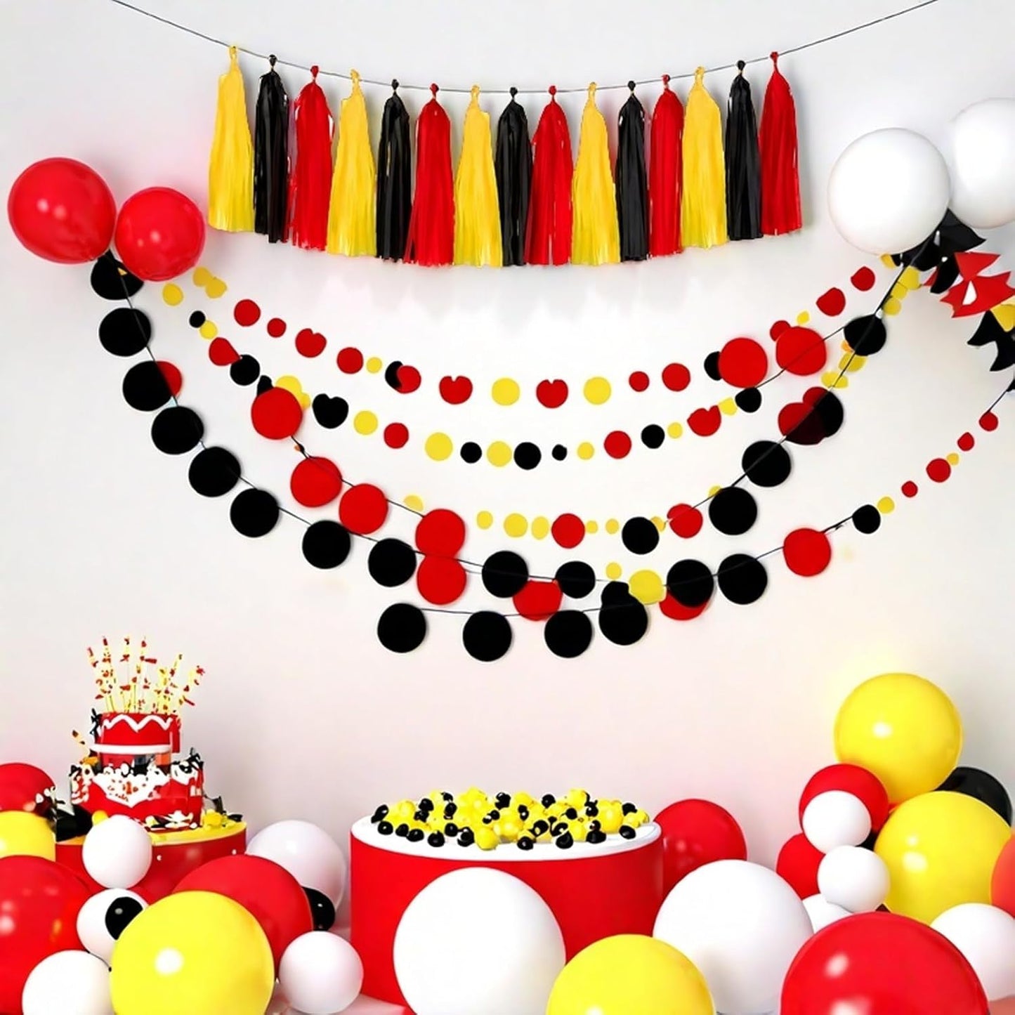 Red Yellow and Black Tassel Garland Banner Paper Tassels for Birthday Party Decorations,Pack of 15