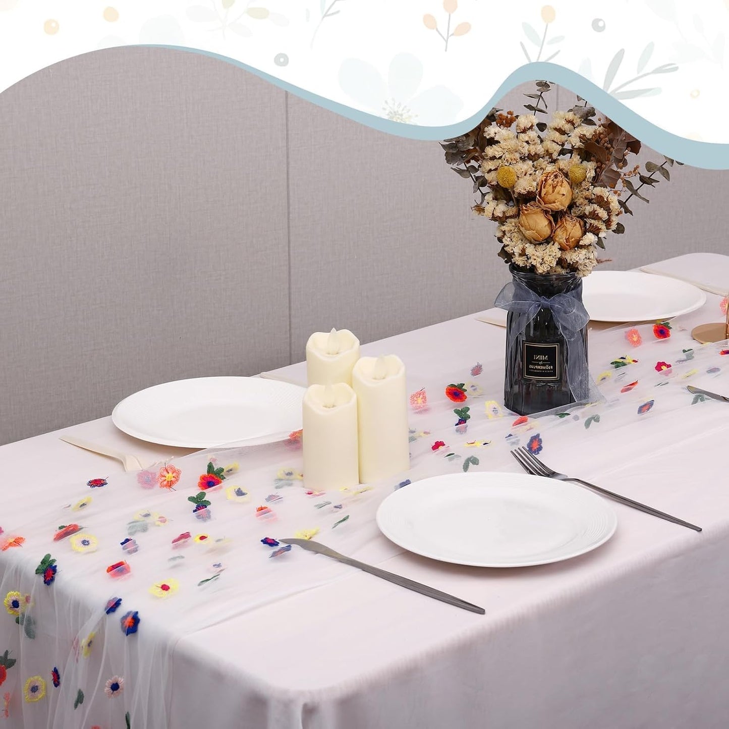 Lvory Floral Table Runner 10 FT, Embroidery Daisy Table Runners Seasonal Sheer Tulle Table Runner for Thanksgiving Wedding Birthday Baby Shower Party ﻿