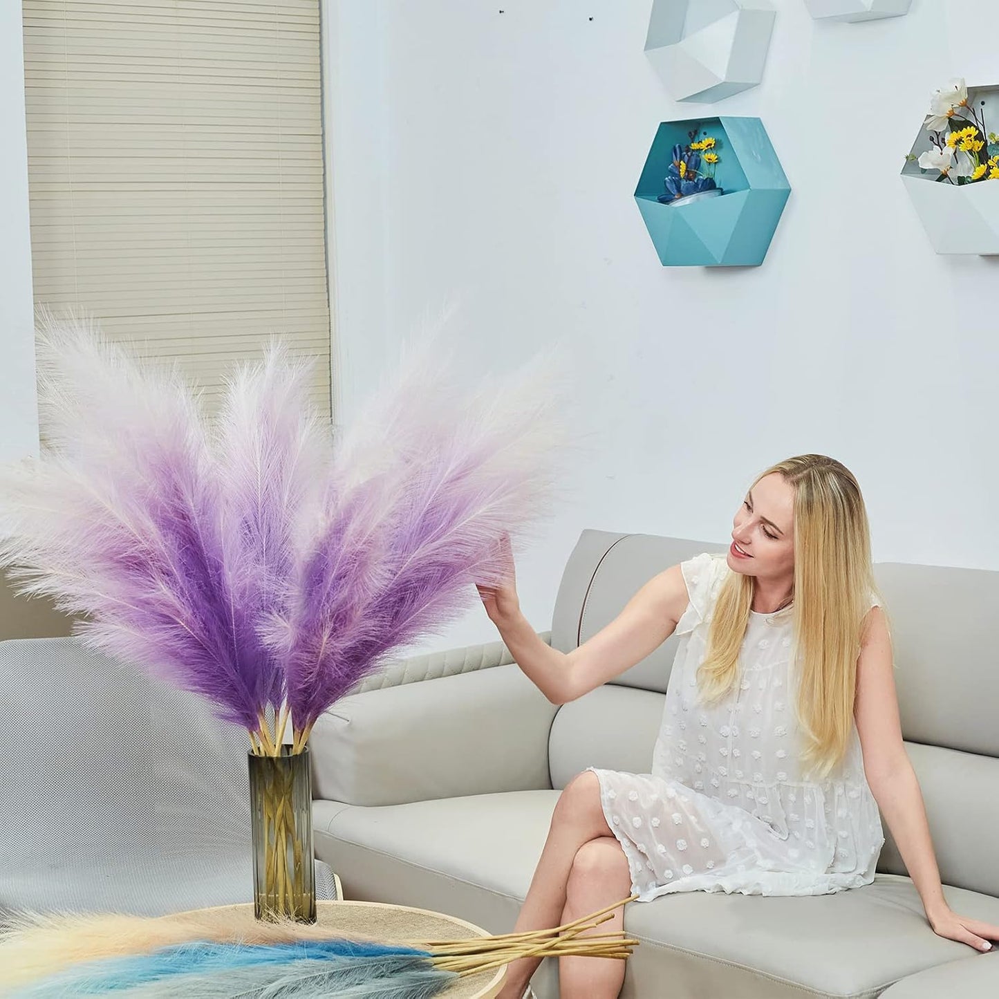 EVODIS Faux Pampas Grass Decor, 6 Stems Artificial Pampas Grass - 43 inch Tall Pompass Grass Large Pompous Boho Flower Arrangement Home Decor for Room Wedding Party