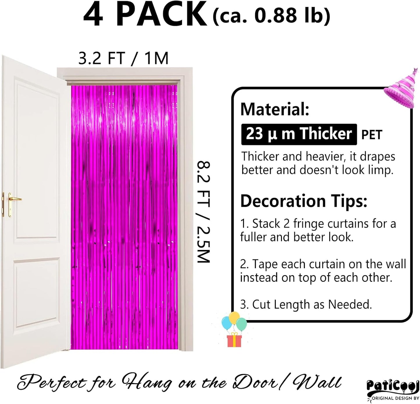 Hot Pink Streamers Party Decorations - Thicken 4 Pack 3.2x8.2 FT - Hot Pink Tinsel Foil Fringe Backdrop Curtains for Birthday, Bachelorette, Graduation, Summer Hawaiian Party Decorations