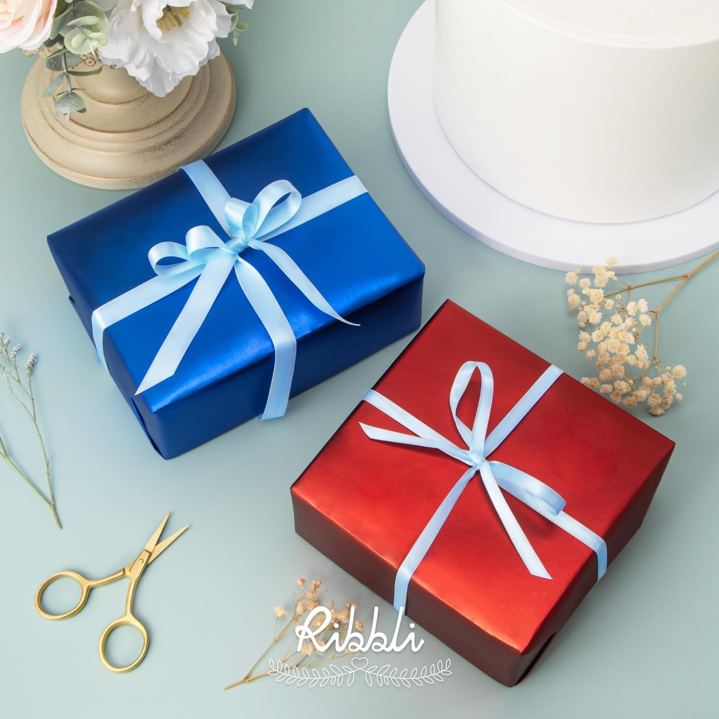 Ribbli Light Blue Baby Blue Double Faced Satin Ribbon,1/4” x Continuous 25 Yards,Use for Bows Bouquet,Gift Wrapping,Baby Shower,Floral Arrangement