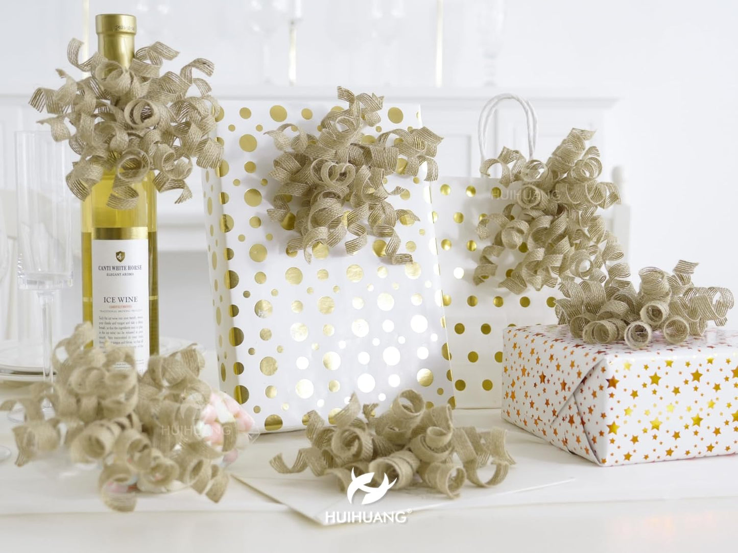 HUIHUANG Burlap Gift Bows Curly Bows for Gift Wrapping Self Adhesive Burst Gift Bow for Baby Shower, Wedding, Birthday Party Favors, Christmas Presents - 5 inch x 6 Counts