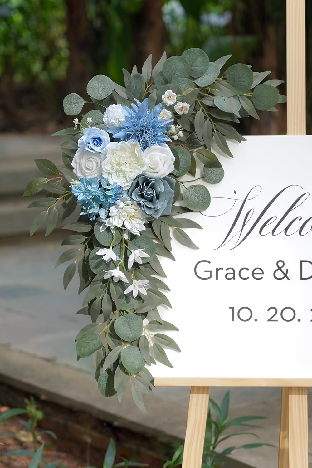 Artificial Flower Swag Set of 2 for Wedding Welcome Signs Floral Decorations, Blue Wedding Arch Flowers for Wedding Ceremony (Blue & Ivory)