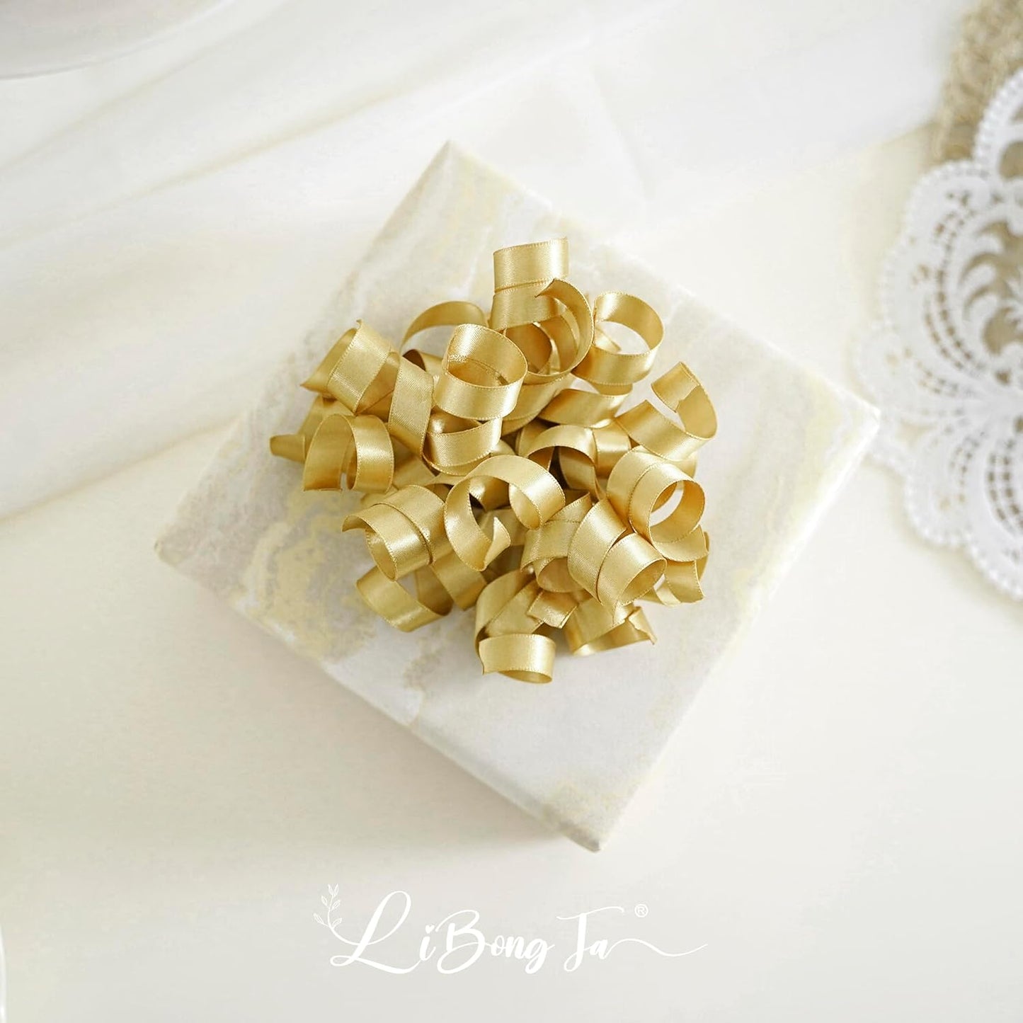 5 Inch Gold Bows Curly Ribbon Bows for Gift Wrapping, Satin Bows with Double-Sided Tape, Self Adhesive Bows for Party, Wedding, Birthday Decor, Premade Bows for Crafts, Wine Glasses-8 PCs