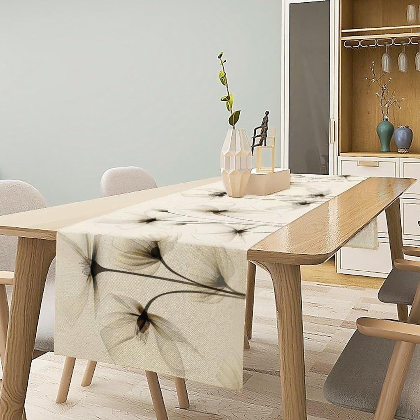 Abstract Floral Table Runner, Watercolor Transparent Beige Poppy Flowers Print Kitchen Dinning Table Runner for Indoor Outdoor Home Wedding Party Holiday, 13x108 Inch