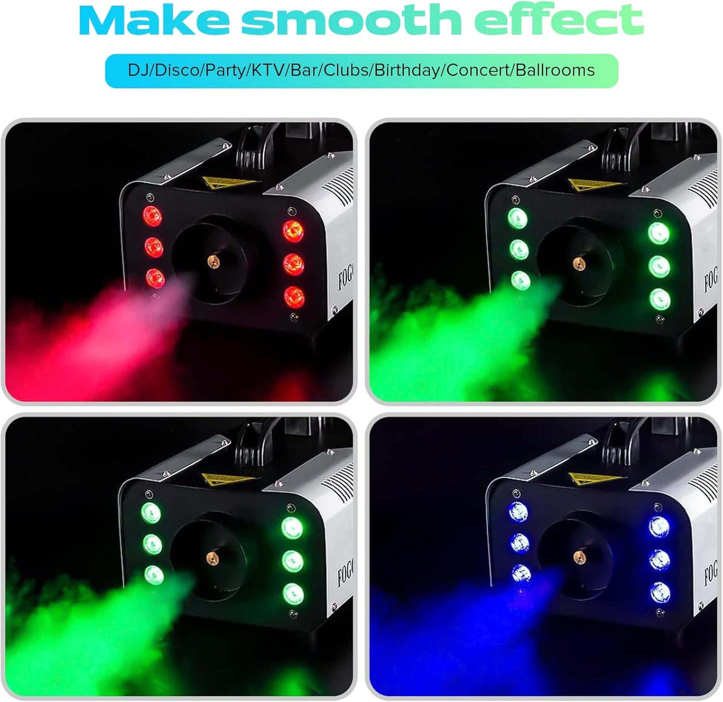1200W RGB Fog Machine, 6 Colorful LED Lights for Smoke Machine Indoor/Outdoor Use, Perfect for Parties, Weddings, and Stage Effects 2PC