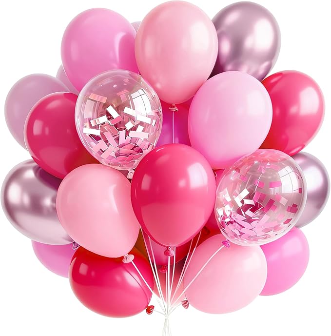 PartyWoo Pink Balloons 65pcs 12 Inch Pearl Metallic Mauve Magenta Fuchsia Hot Pink Confetti Latex Balloons for Gender Reveal Bridal Shower Baby Shower Princess Theme Birthday Party Decorations