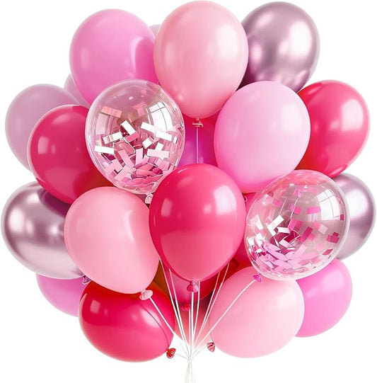 PartyWoo Pink Balloons 65pcs 12 Inch Pearl Metallic Mauve Magenta Fuchsia Hot Pink Confetti Latex Balloons for Gender Reveal Bridal Shower Baby Shower Princess Theme Birthday Party Decorations
