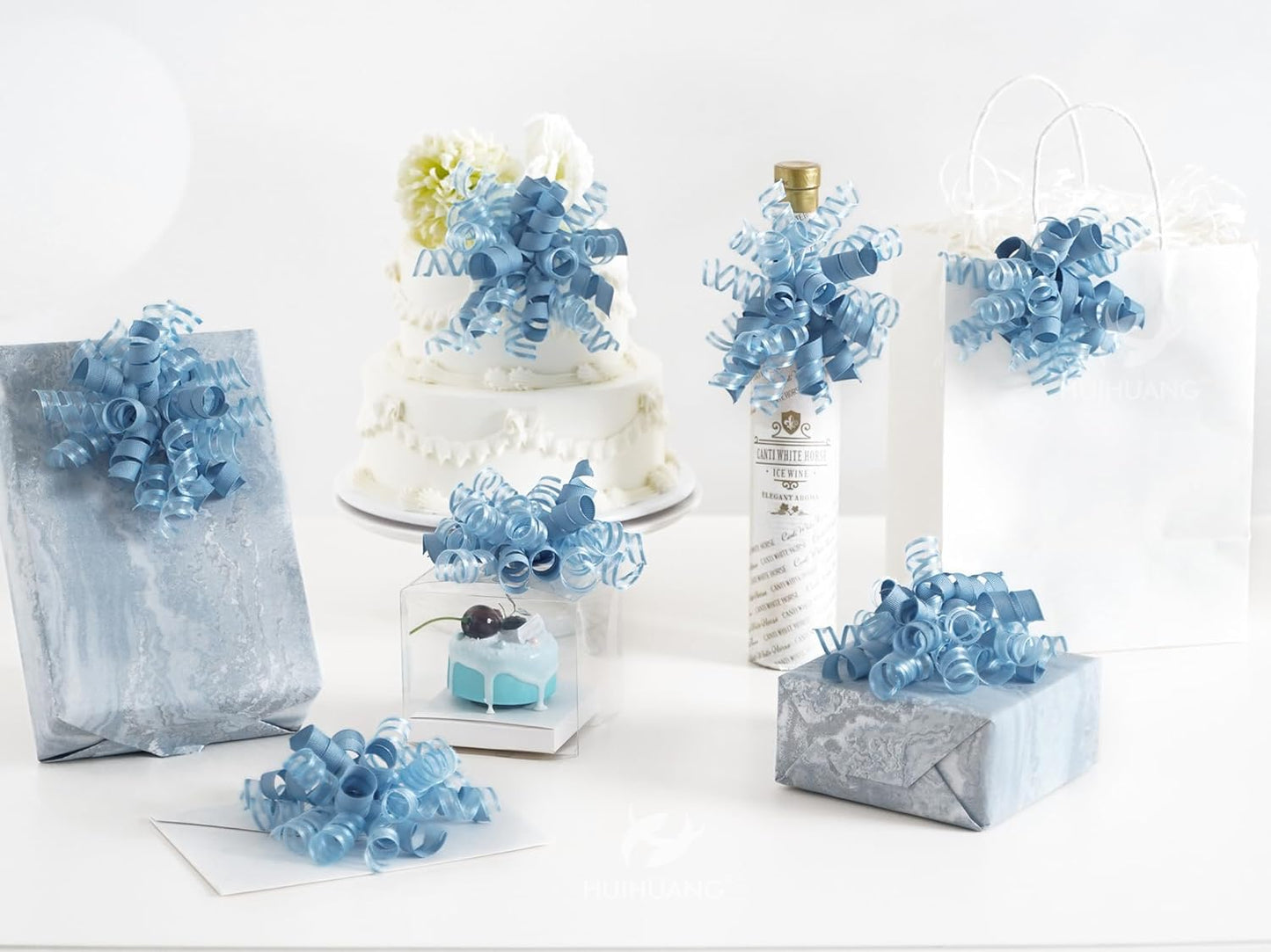 HUIHUANG Blue Gift Bows 5 inch x 8 Counts Dusty Blue Self-Adhesive Curly Ribbon Bows for Gift Wrapping, Presents, Paper Bag, Baby Shower Favors, Wrapping Accessories, Wedding Decor