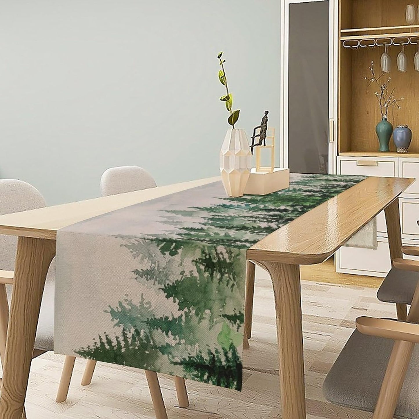 Foggy Forest Table Runner,Green Forest Natural Landscape Table Runner for Kitchen Dining Table Home Party Decoration 13x108 Inch