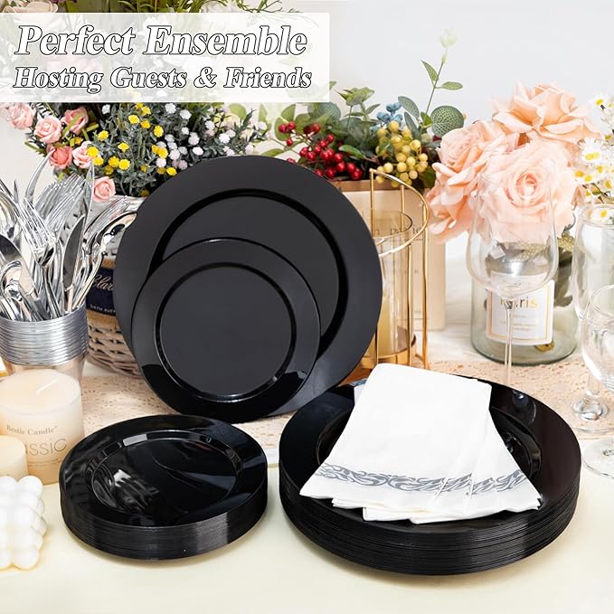 BESTSTAR 100PCS Black Plastic Plates Set, 50 10.25 inch Dinner Plates and 50 7.5 inch Dessert Plates, Premium Disposable Plates for Party, Wedding,Halloween