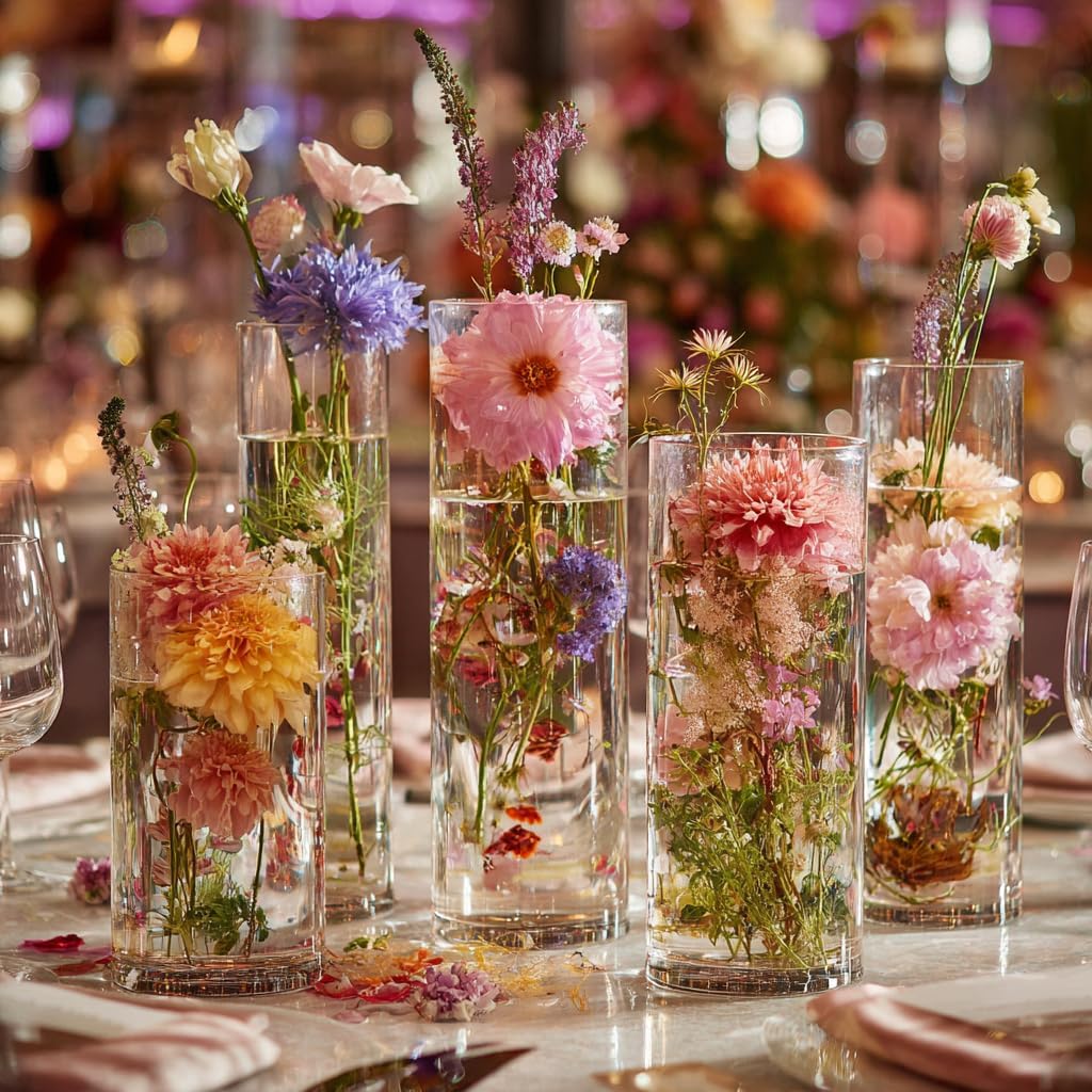 60pcs Cylinder Glass Vase for Centerpieces, 4,6,7.5,8,10 inch Tall Clear Flower Vase Bulk Floating Candle Holder for Wedding Table Home Décor and Party