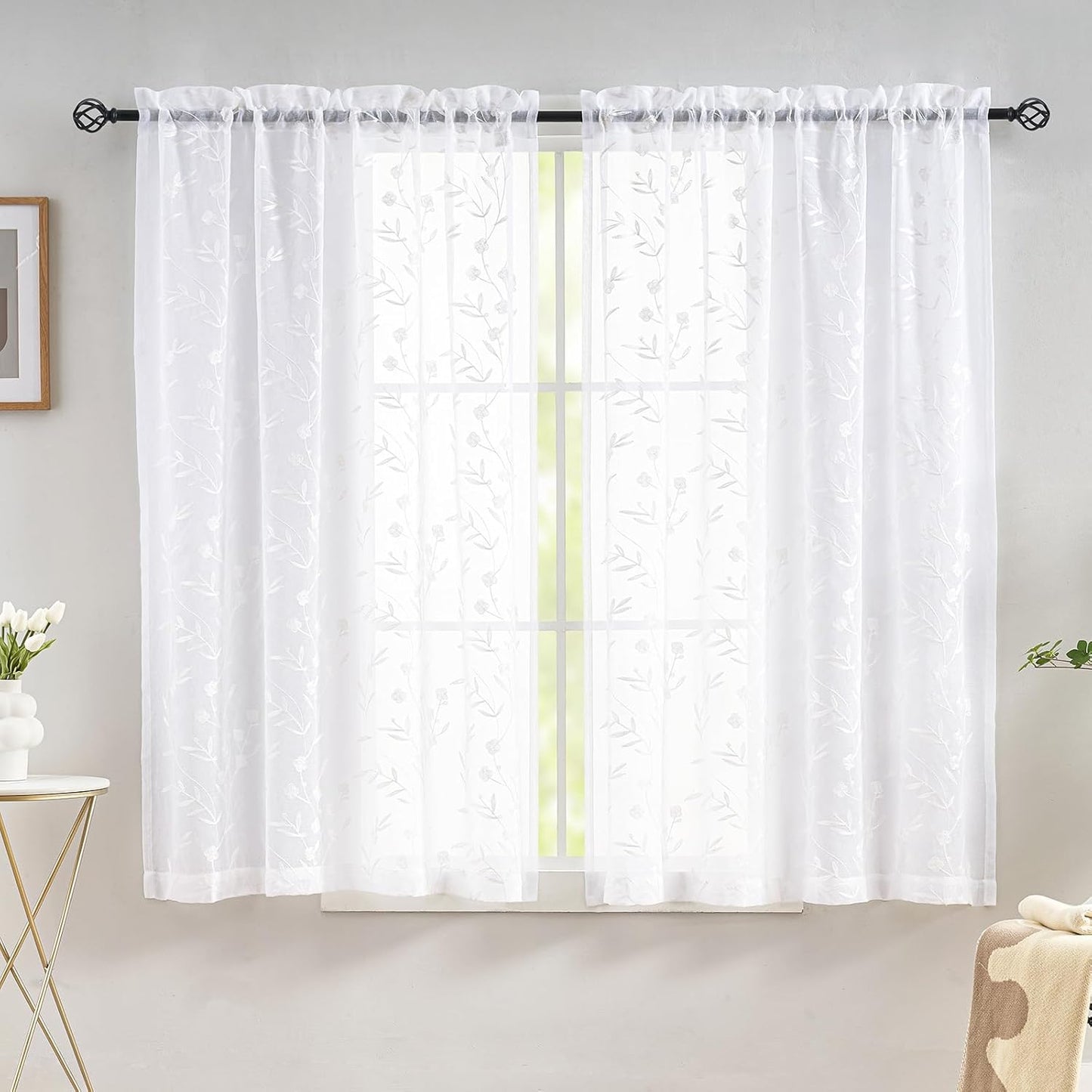 Sheer Curtains White 45 Inches Long Floral Embroidery Rod Pocket Voile Drapes for Living room, Bedroom, Window Treatments Semi Lace Outdoor Curtain Panels for Yard, Kitchen, Villa, Set of 2, 52"x 45".