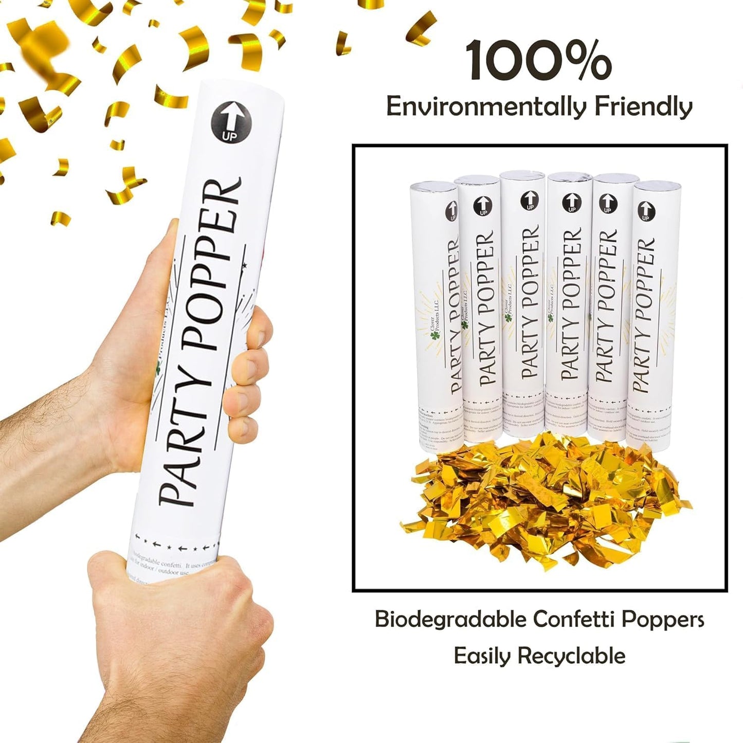 Confetti Cannons 12" – 6 Pack Gold Mylar Confetti Poppers | Party Poppers for Weddings, Birthdays, Graduations & Events | Air-Powered, Safe & Easy to Use | Shoots 25 Feet Indoor & Outdoor