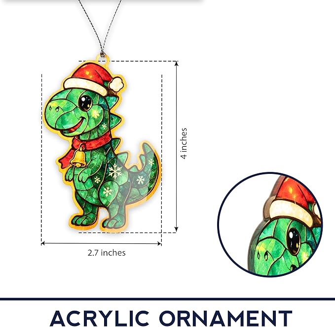 Dinosaur Ornament – Cute T Rex – Kids Holiday Tree Decor – Greeting Card – Christmas Dinosaur Ornament – Suncatcher Effect Stained Glass Window Hanging – Car Hanging
