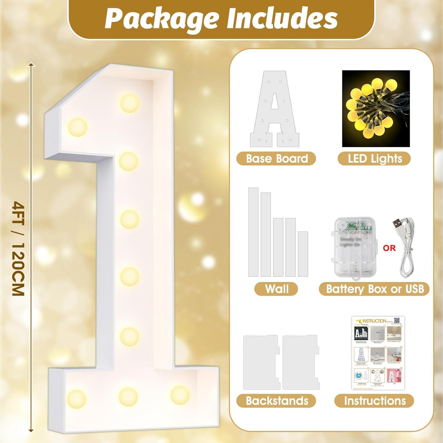 Ledido 4FT Marquee Light Up Numbers Large Light Up Letters for Party Decoration, Marquee Numbers for 8th 18th Birthday Anniversary, Pre-cut Foam Board Assembly Required Number 8