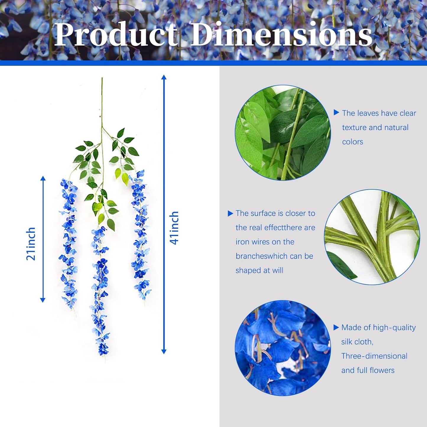 36 Pack Royal Blue Wisteria Hanging Flowers, 3.44 Ft Fake Hanging Flowers, Artificial Wisteria Garland Vines for Wedding Room Backdrop Outdoor Patio Garden Decoration