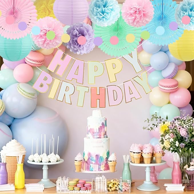 Pastel Birthday Decorations for Women or Girls - Pastel Happy Birthday Banner, Hanging Colorful Paper Lanterns and Fans, Tissue Paper Pom Poms, Rainbow Party Decorations Set