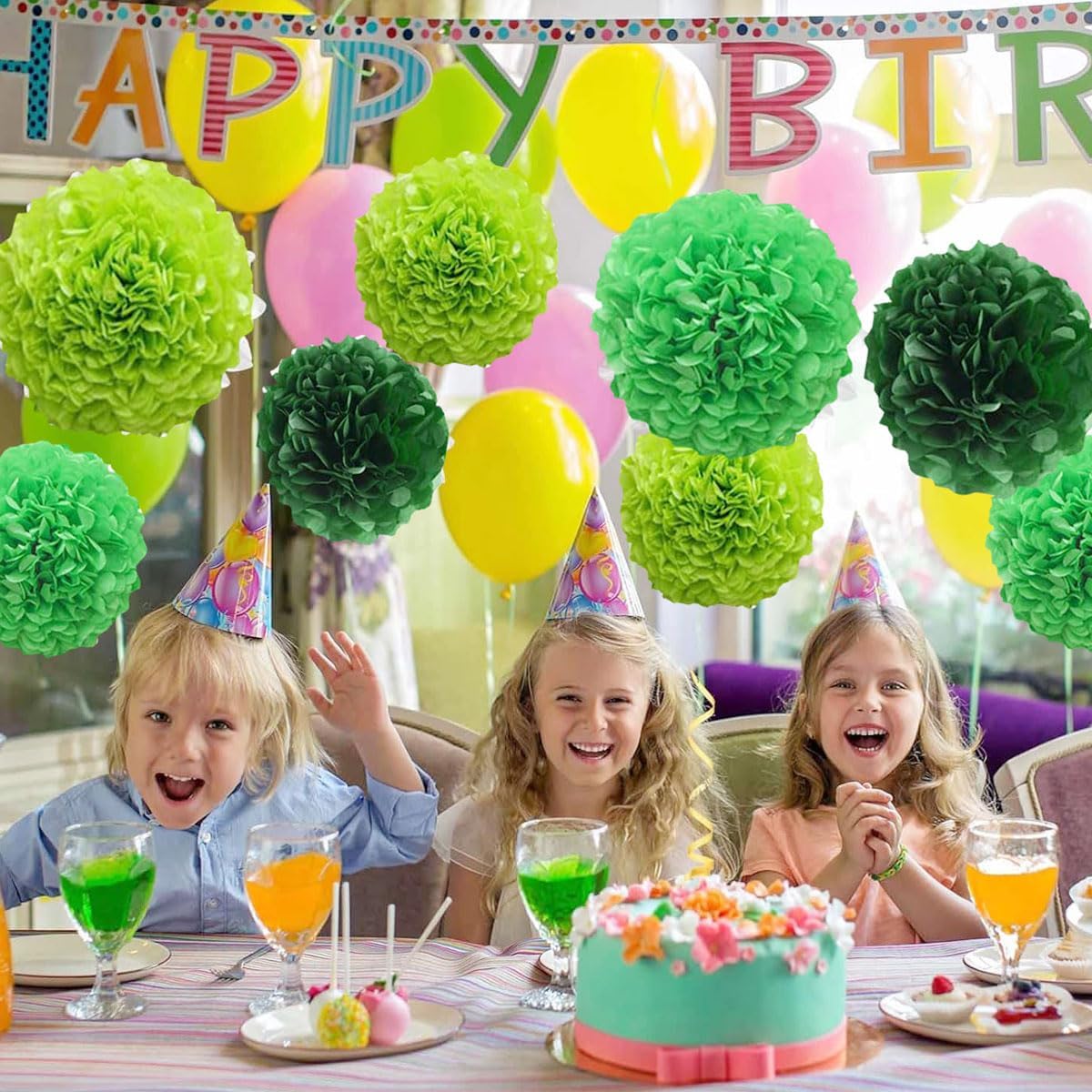 12pcs Paper Pom Poms Tissue Flower Kit - 10in 12in Green Hanging Balls for Wedding Party Decorations - DIY Art Craft Blooms for Birthday Baby Shower Nursery Decor