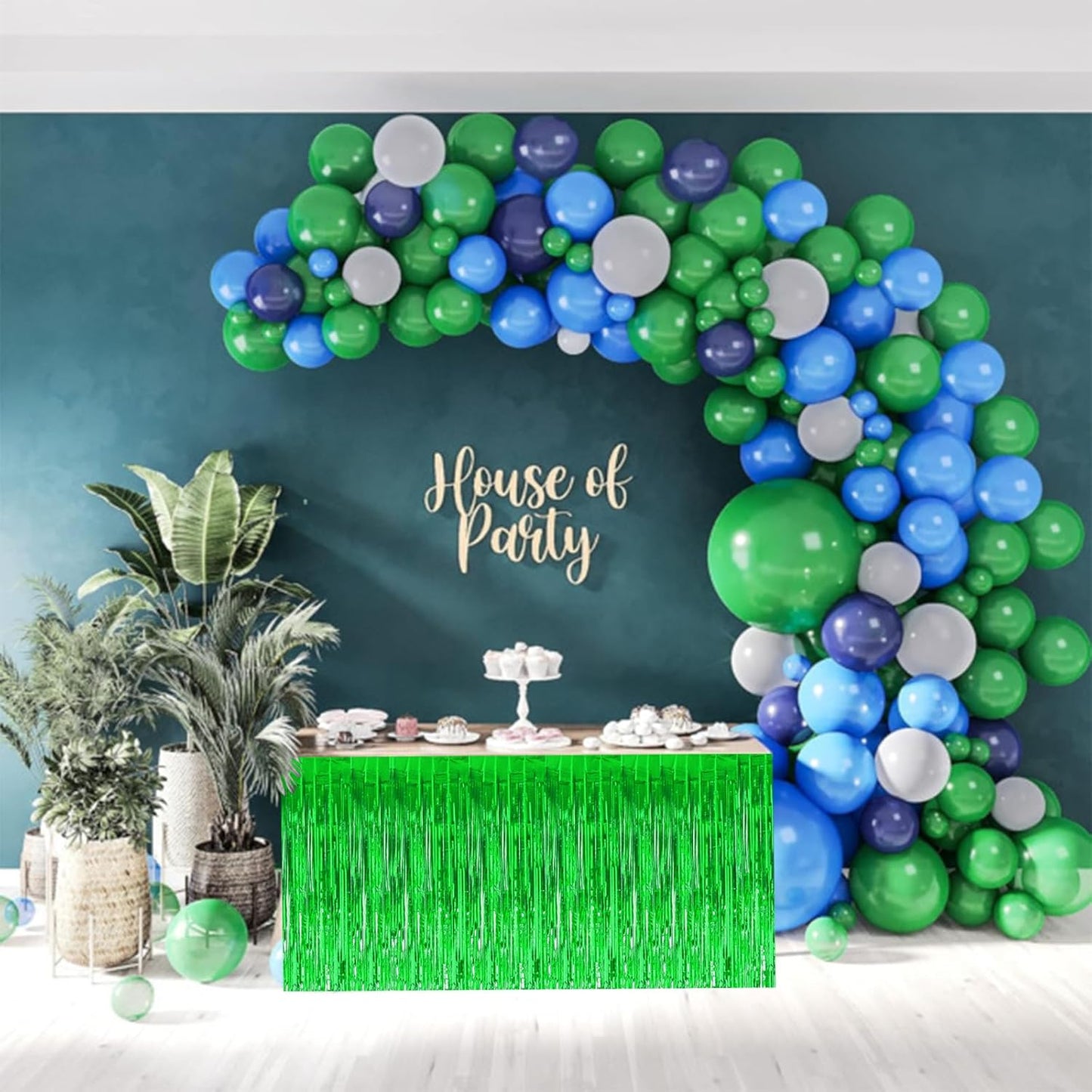 BEISHIDA 2 Pack Metallic Tinsel Foil Fringe Table Skirts for Rectangle & Round Tables Green Kids' Birthday, Holiday Party, Cartoon Party Decorations - Perfect for Birthday Baby Shower Festive Events