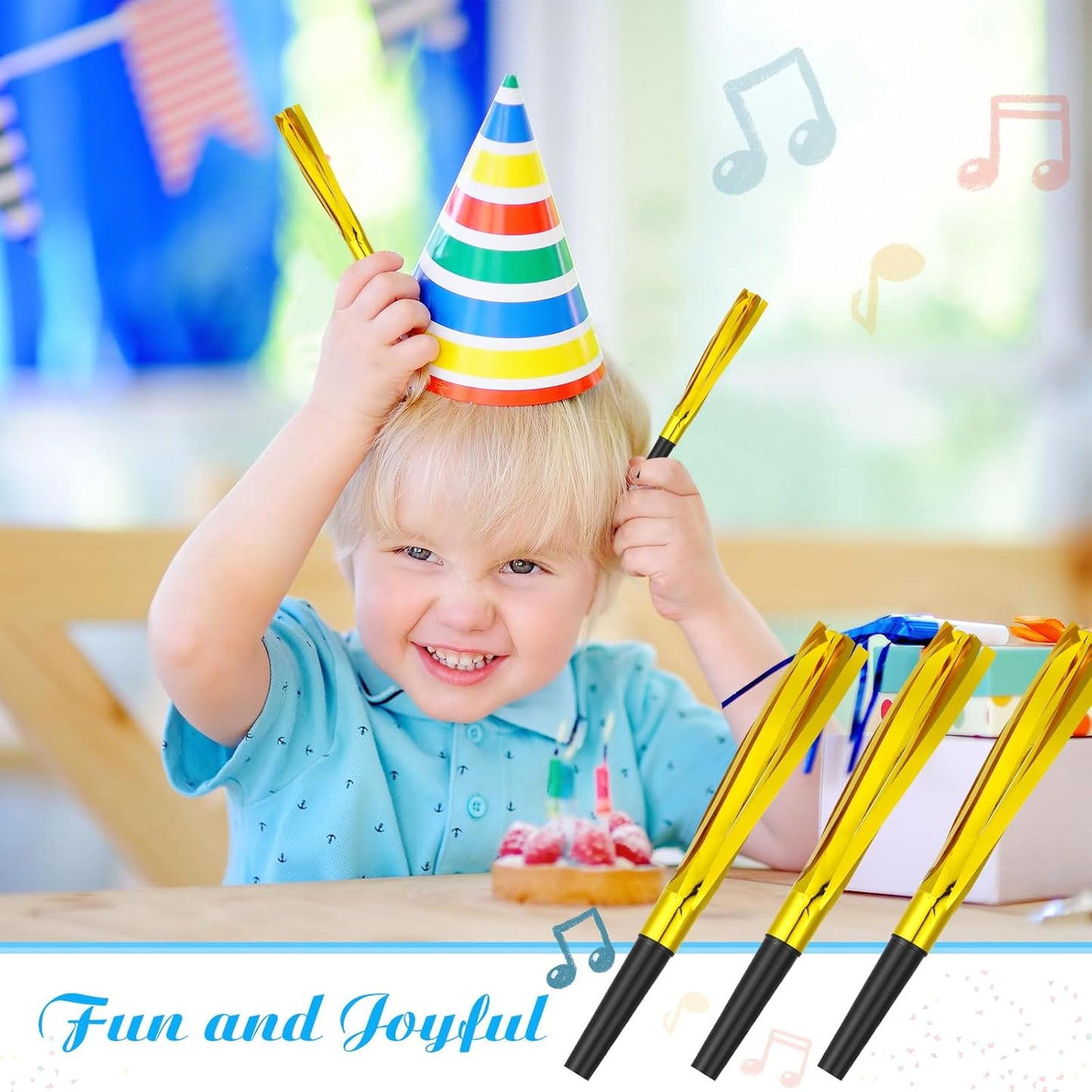 24 Pcs Gold Noise Makers Glitter Metallic Fringed Noise Makers Horns for Baby Shower, Kids Birthday, New Year Party Favor - Gold