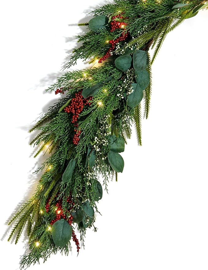 LampLust Lighted Garland with Lights Battery Operated, 6 Ft Red Berry & Eucalyptus,100 LED with Timer, Greenery Garland for Mantle All Year Round