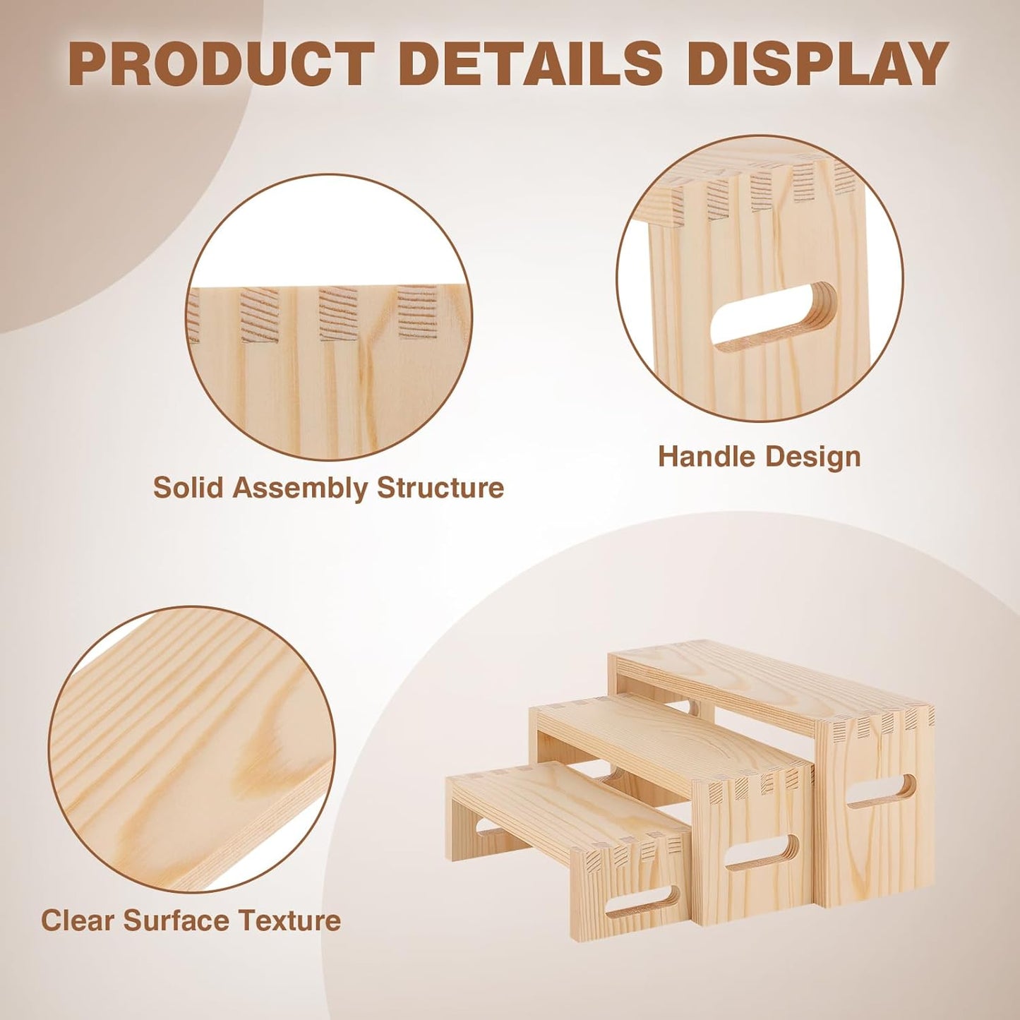 6 Pcs Wood Risers Display Stands, 2 Set Wooden Risers for Table Display, 3 Tier Rectangular Riser Display Stand Wooden for Cupcake, Desserts, Perfume, Collections, Jewelry Showcase (Nature)