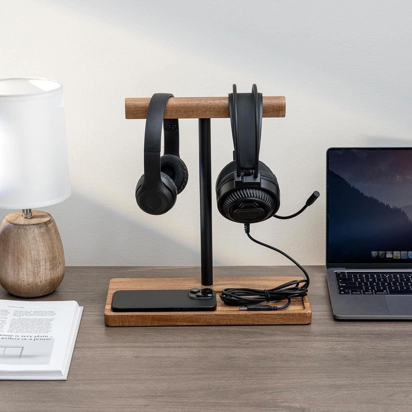 FARM IN Solid Acacia Wood Headphone Stand for Desk Rustic Headset Holder with Storage Base for Gaming and Office Accessories