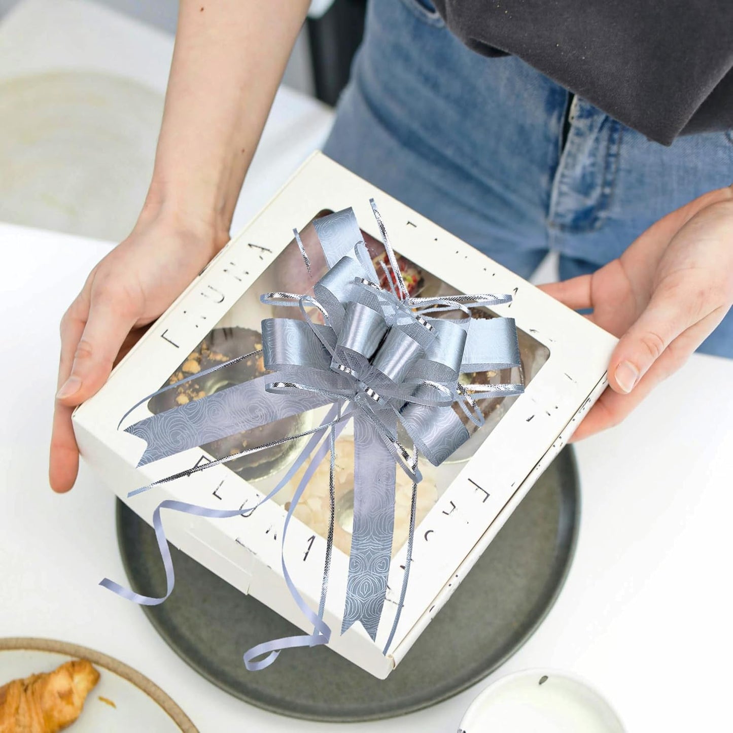 WEWILUCK Big Bow for Present, 15 PCS Pull Gift Bows for Gift Wrapping, Gift Baskets, Christmas, Wedding, and Birthday Party Decor(Silver with Rose Pattern, 6 inches)