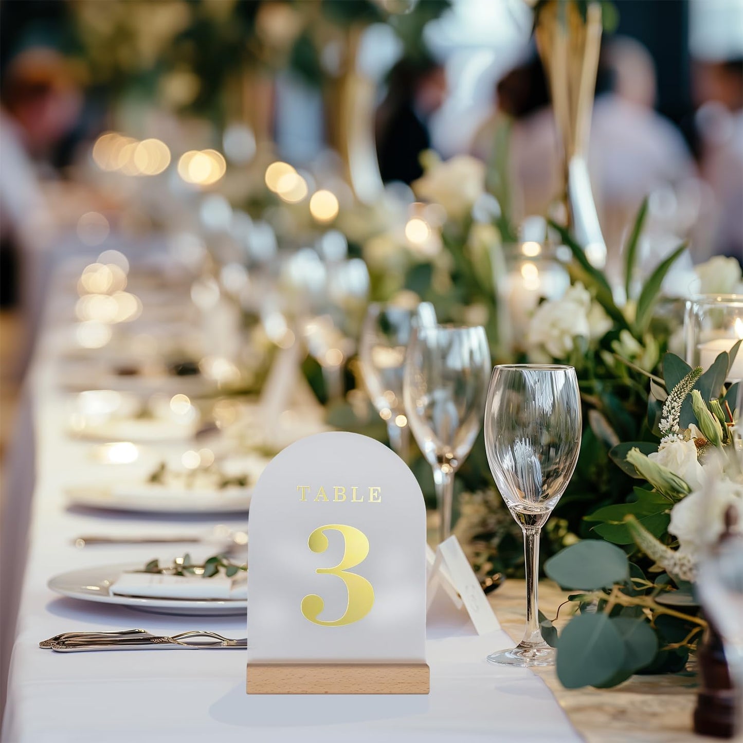 Wedding Table Numbers 1-25, Acrylic Arch Signs with Natural Wood Stands Holders, Rustic Table Decor for Reception & Parties (Frosted Gold)