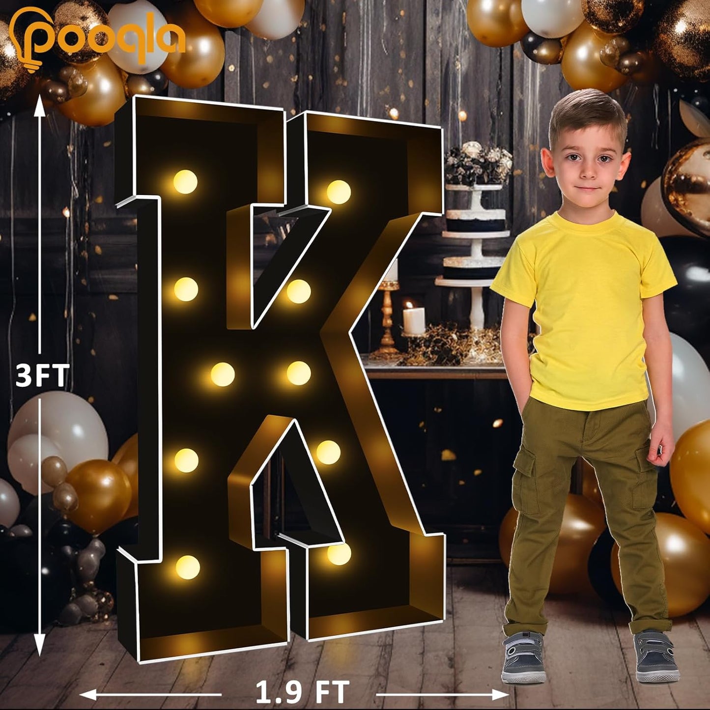 Pooqla 3FT Marquee Light Up Letters, Black LED Party Decor Large Marquee Letters 3 Feet Tall, Giant Mosaic Letter for Birthday Graduation Anniversary Wedding Decoration, Letter K