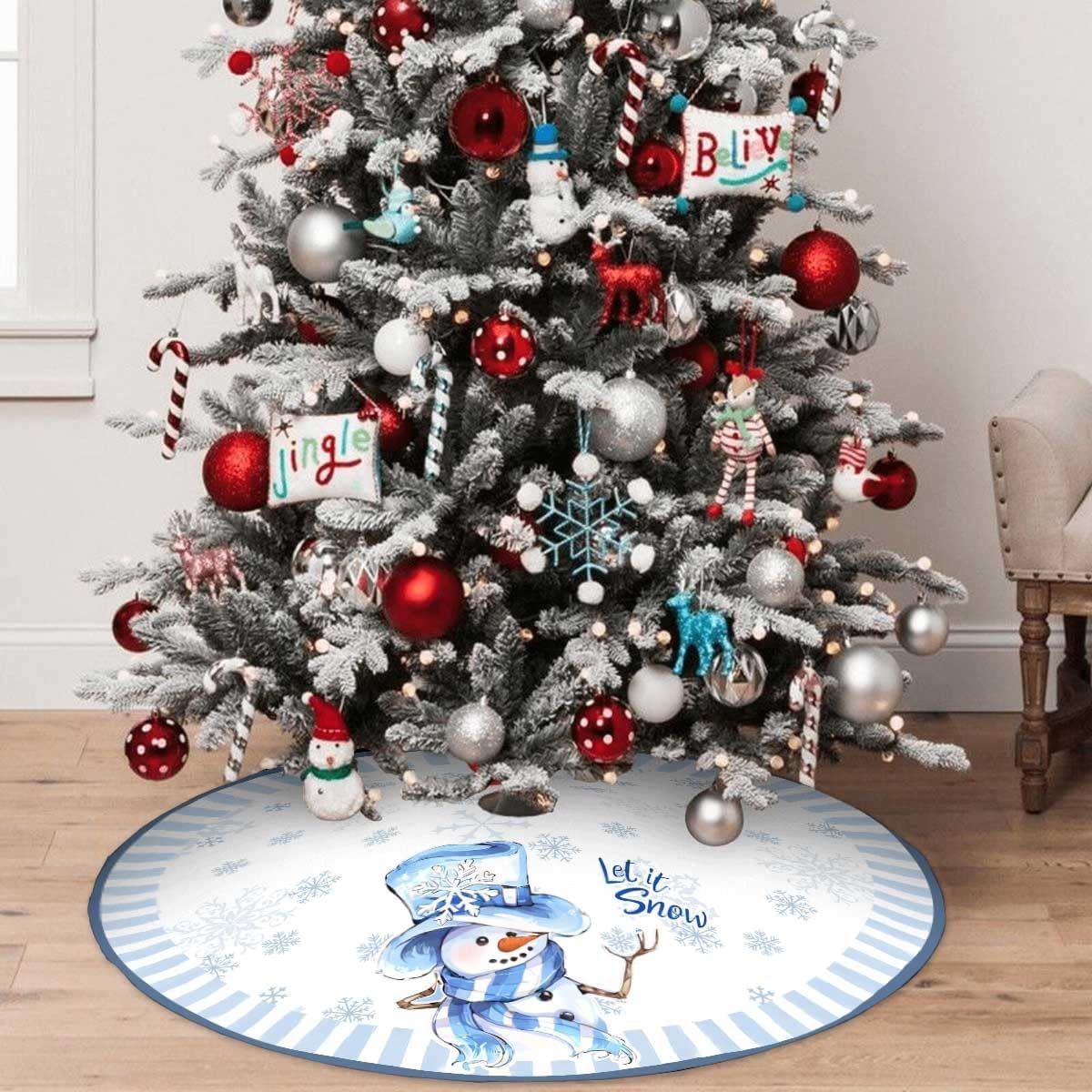 Let It Snow Snowman Christmas Tree Skirt 36 Inches, Blue Snowflake Tree Skirt, Winter Xmas Tree Mat for Home Party Holiday Indoor Outdoor Decorations (Blue, 36in)