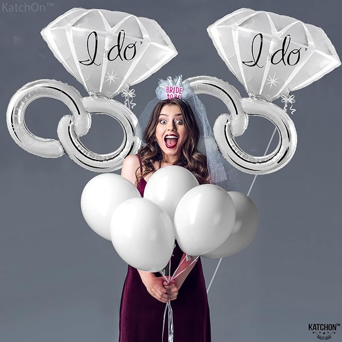 KatchOn Giant Silver Diamond Ring I Do Balloons - 40 Inch, Pack of 2 | Engagement Ring Balloon for Silver Engagement Party Decorations