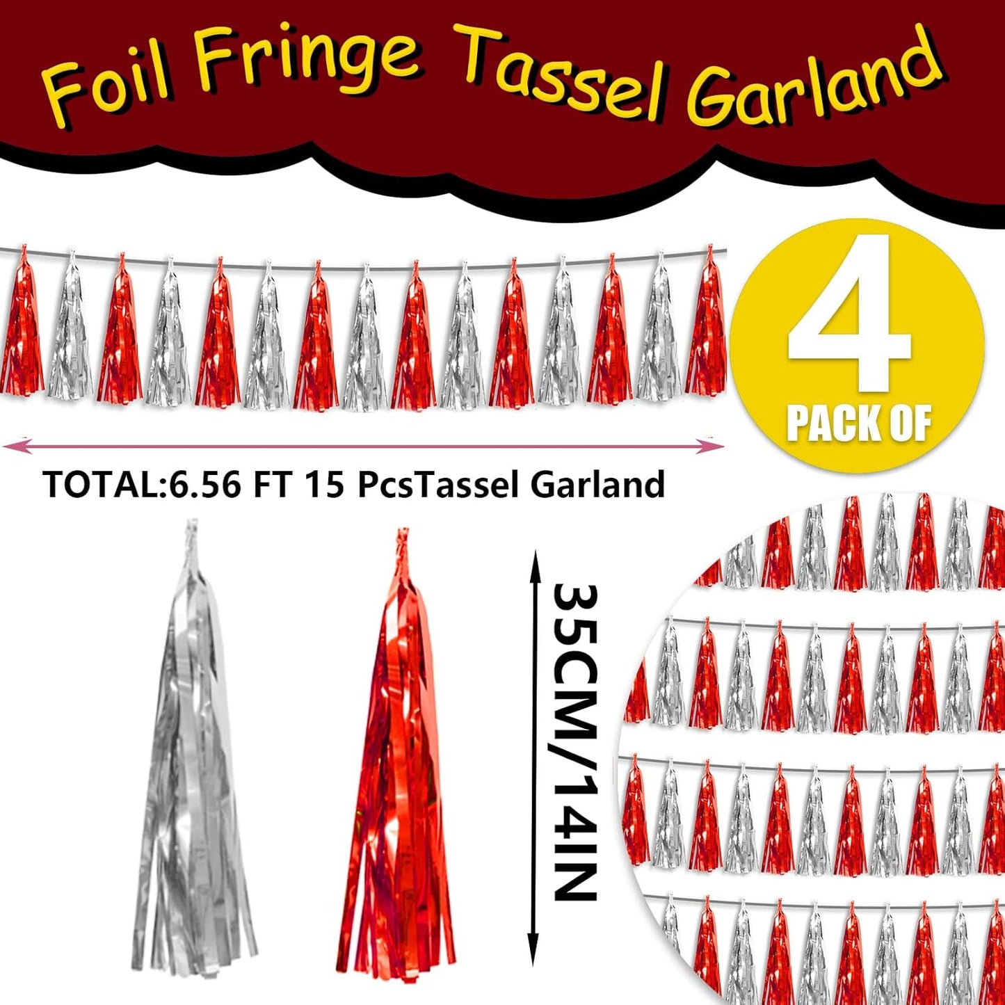 4P Red Silver Foil Fringe Tassel Banner Garland Metallic Tinsel Streamers Wall Hanging Curtain Backdrop Banner for Parade Floats, 2024 Graduation Decorations, Father's Day, Wedding Party Decoration